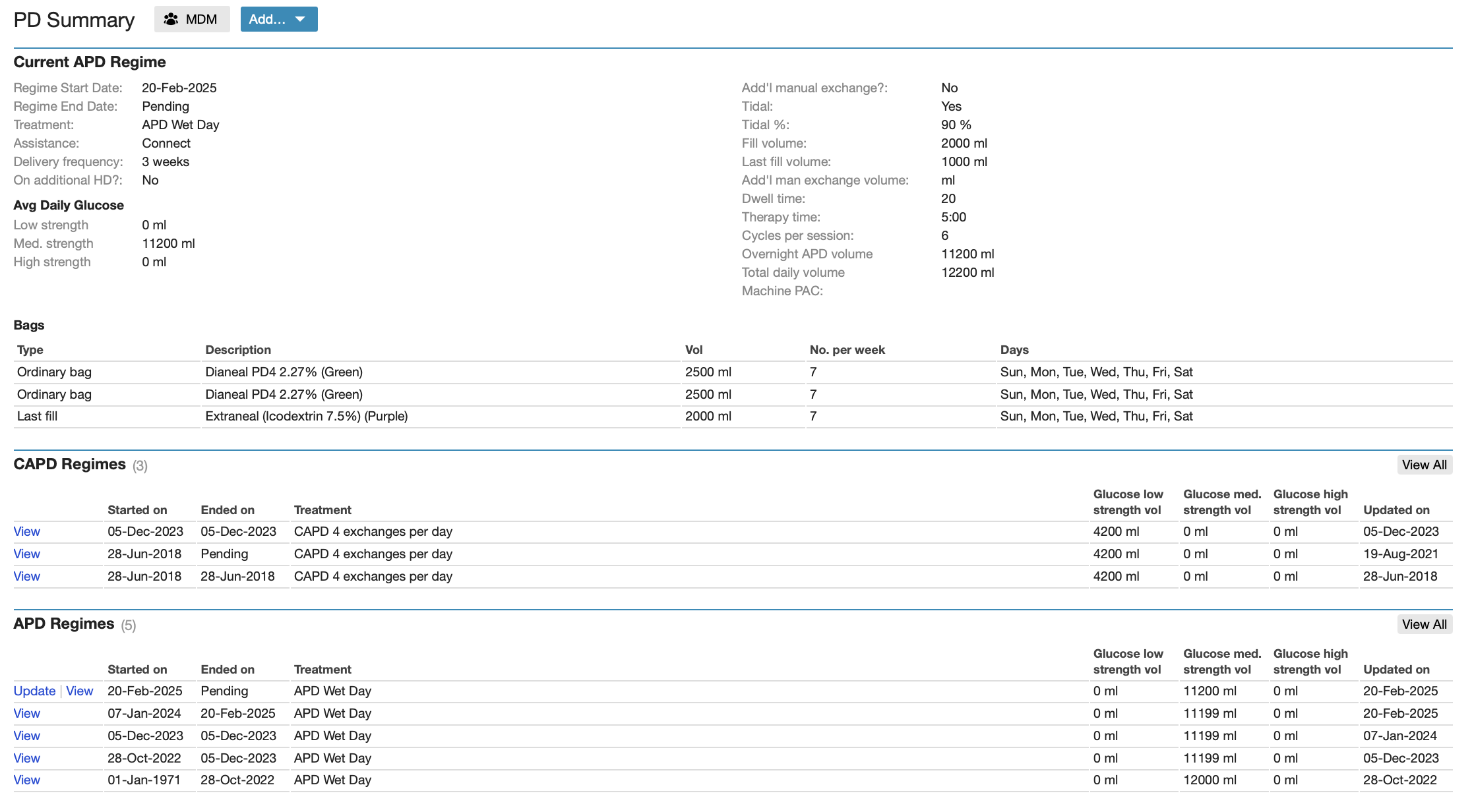 Main Regimes section of the PD Summary screen