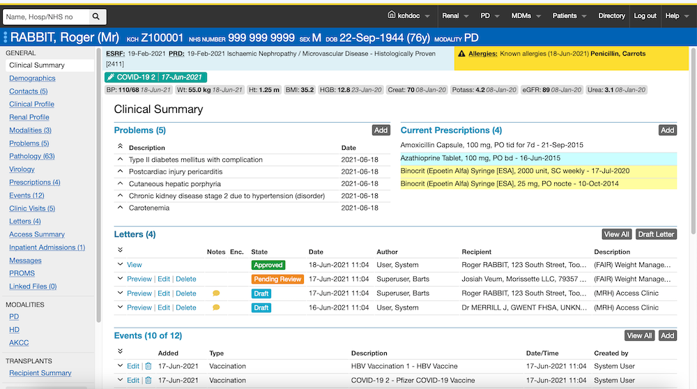 Renalware Clinical Summary screenshot