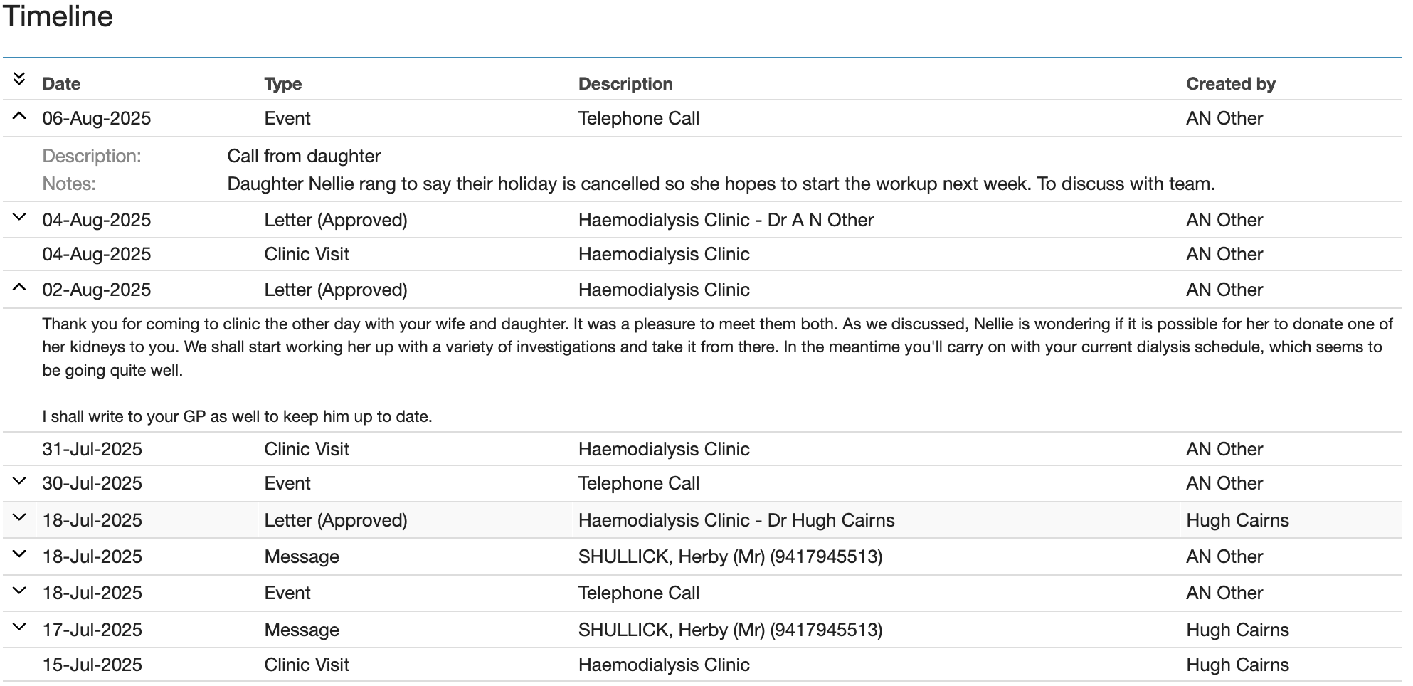 Timeline list display
