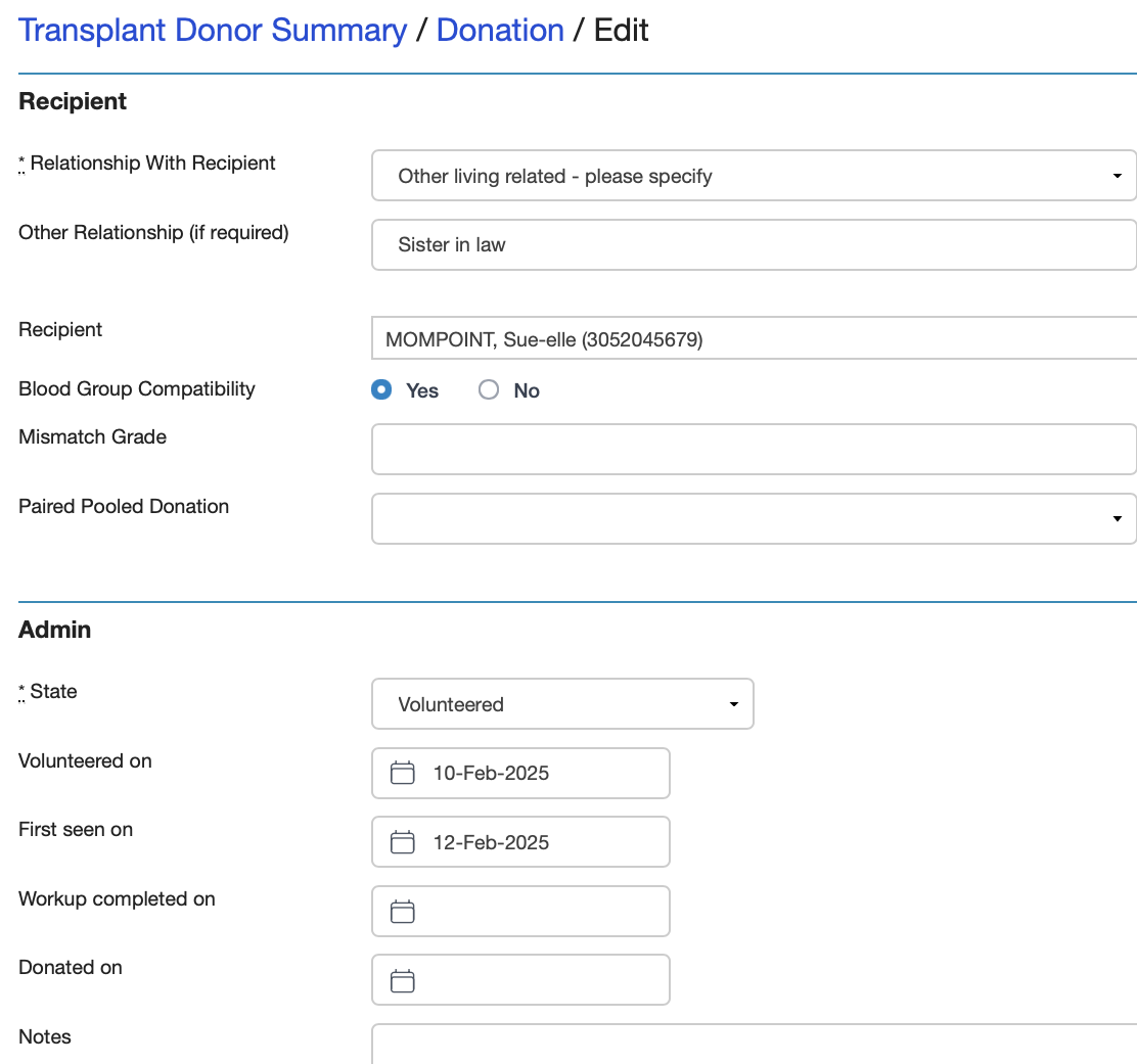  Transplant Donation entry form