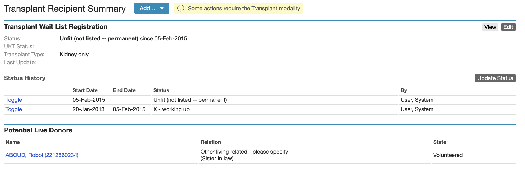  Transplant Recipient Summary with link to a potential live donor